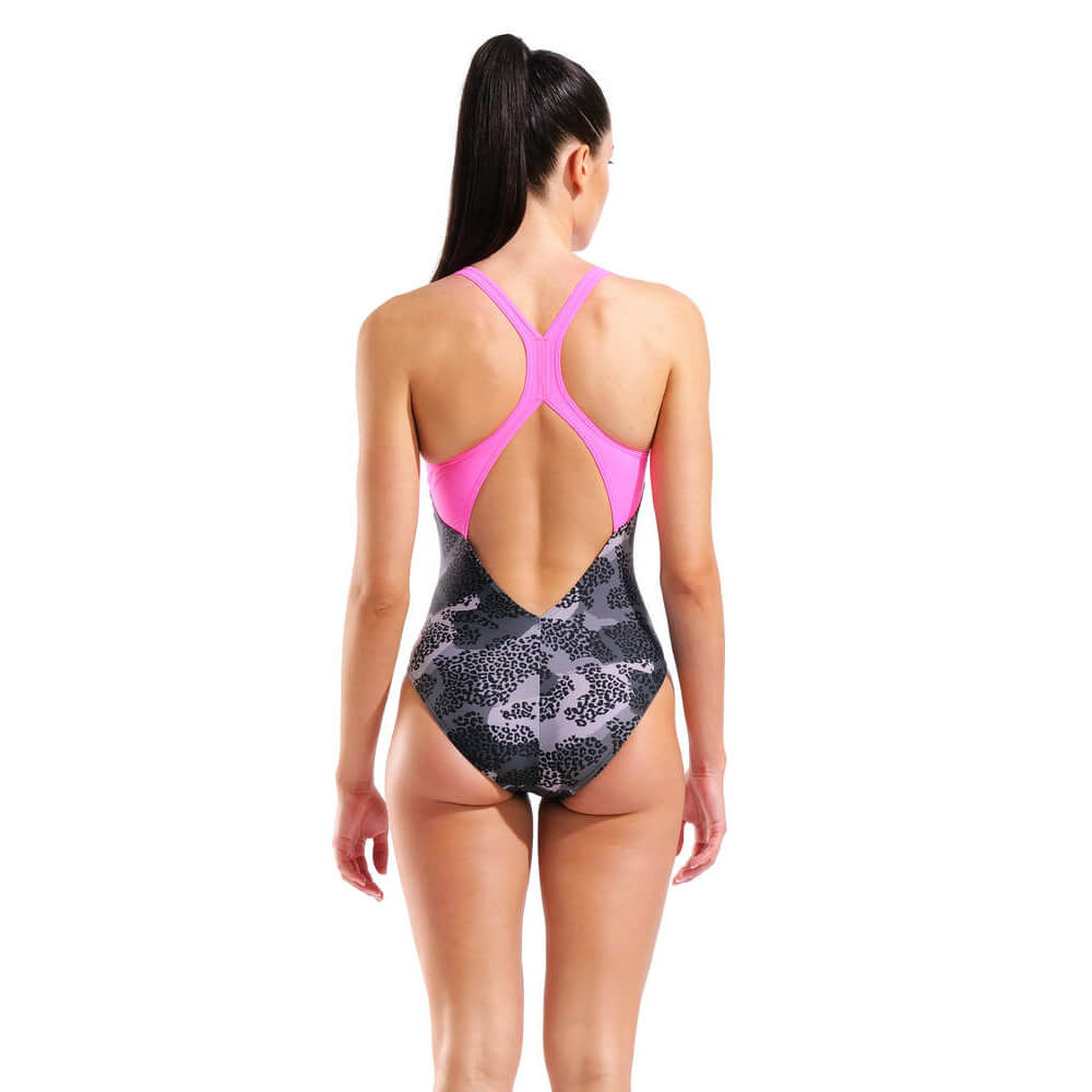 ARENA Camo V Back Black Multi/Shocking Pink sieviešu peldkostīms